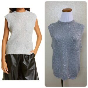 ATM Womens Sequin Crew Neck Knit Sweater Vest SMALL Gray Fog Alpaca Wool Blend